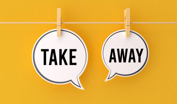 istock Speech bubbles, white paper cutouts, clothespins, string, yellow background, typography, take away message, communication concept, word art, hanging display, marketing idea, food reference, 3D render. 2192485952