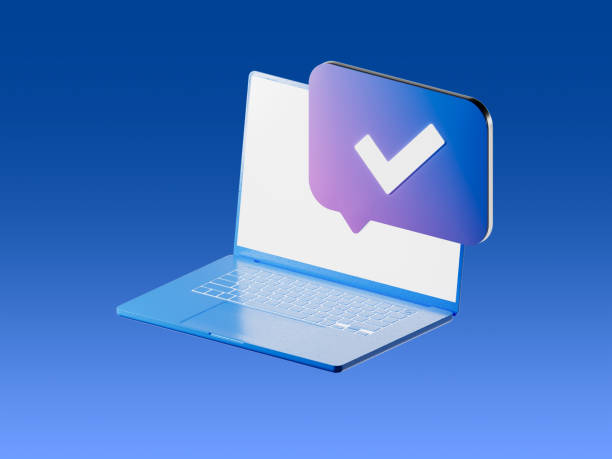 istock Computer laptop - 3D Rendered icon. Turn on, checked, working. Digital color background 2192486744