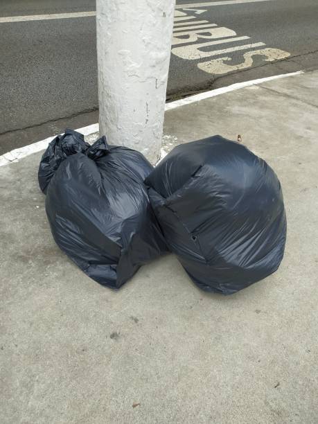 istock Trashbags leaning against a light pole on the street 2192487340