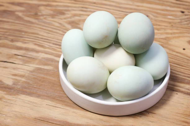 A group of softly colored eggs, nestled together in a simple white bowl, rest on a rustic wooden table. The image evokes a sense of calm and natural beauty.