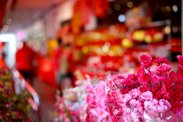 Retail display on decorative flowers for Chinese New Year celebration