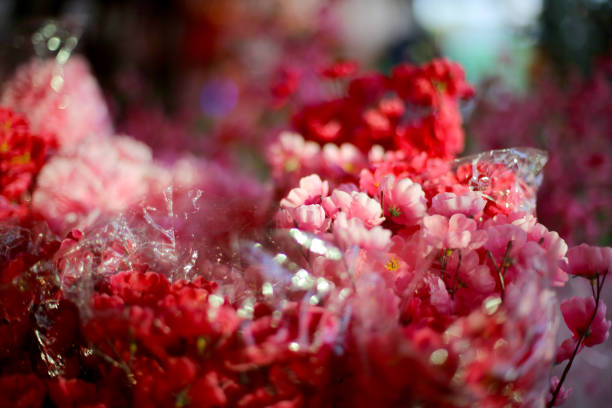 Retail display on decorative flowers for Chinese New Year celebration