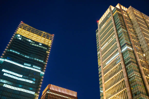 Illuminated urban city skylines at night in Tokyo