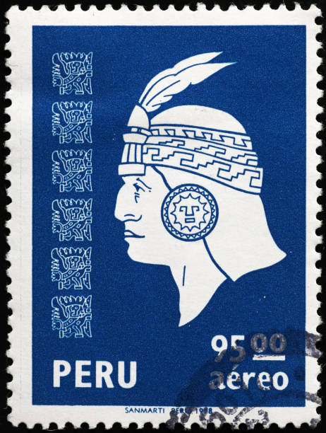 Portrait of an inca warrior on old peruvian postage stamp