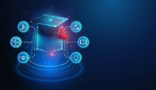 istock Abstract illustration of graduation cap over book made of glowing neon particles with lineart icons. Blue geometric background depicting education and scholarship concept. Digital vector illustration 2192499322