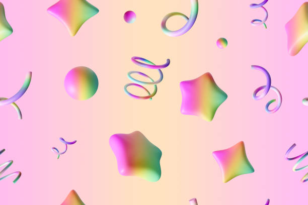 Colorful seamless pattern with soft, gradient 3D shapes including spheres, stars, confetti on pastel background. Ideal for presents wrapping paper, wallpaper and playful prints, textile.
