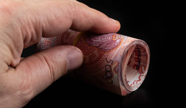 istock Rolled up stack of 5000 Kazakhstani tenge bills on a black background 2192505210