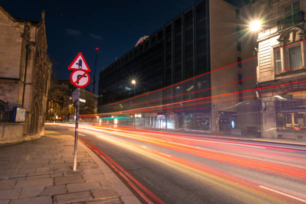 A slow shutter speed of London traffic at night