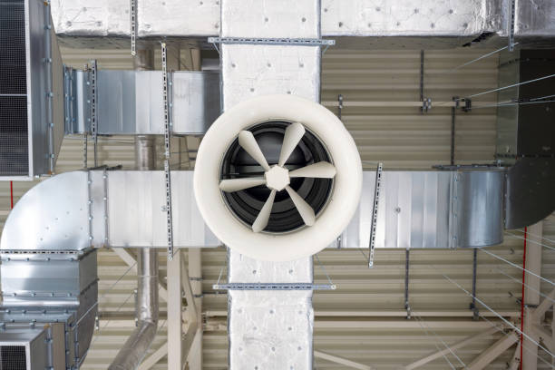 Interior exhaust fan and ventilation ducts under the roof in utility room