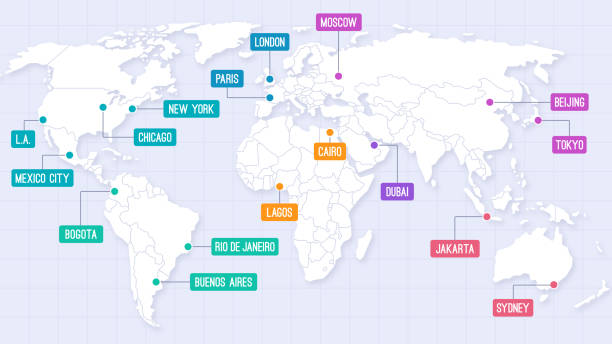 World Map Major Cities with Country Outlines and Location Labels World map city locations with country outlines modern location labels map background. international-border stock illustrations