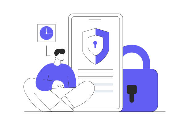 ilustrații de stoc cu protecția datelor cu protejarea caracterului de protecție a smartphone-ului cu blocare pe ecran. serviciu de securitate pe internet pentru confidențialitatea informațiilor, plată securizată. ilustrație vectorială de desene animate plate, pictogram� - femeie de serviciu