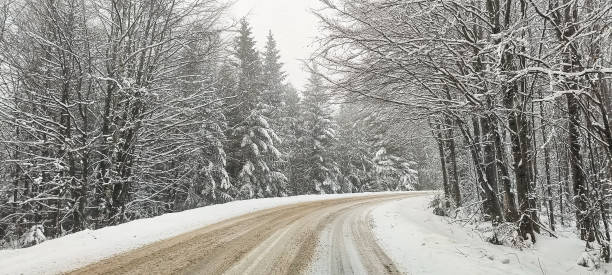 istock Snow-covered roads in the forest during snowfall. Winter travel 2192516707