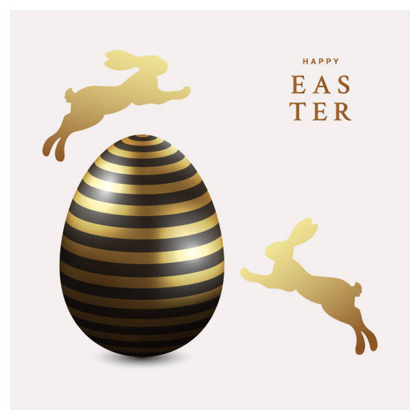 istock Happy Easter greeting card, banner, cover, poster or flyer. Trendy modern design with 3d realistic black and golden eggs, bunny for social media, sale, advertisement, web 2192519495