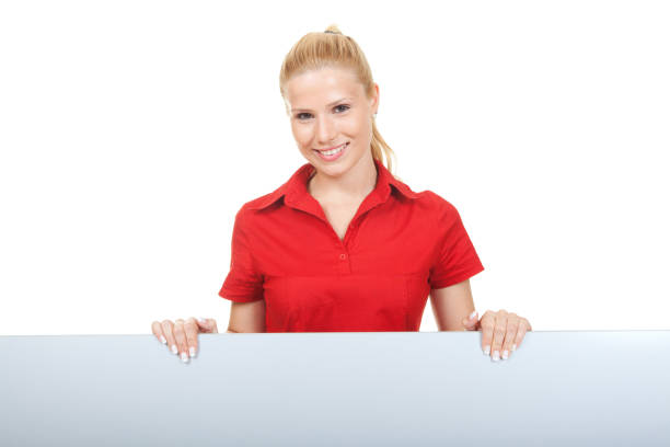 woman's gesture invites customization on the plain card she offers
