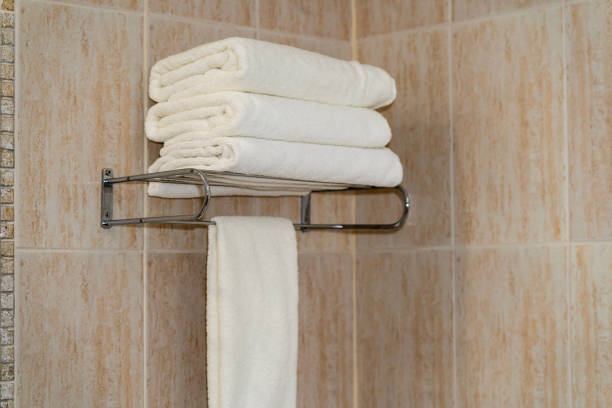 Maid working at a hotel, holding clean towels.