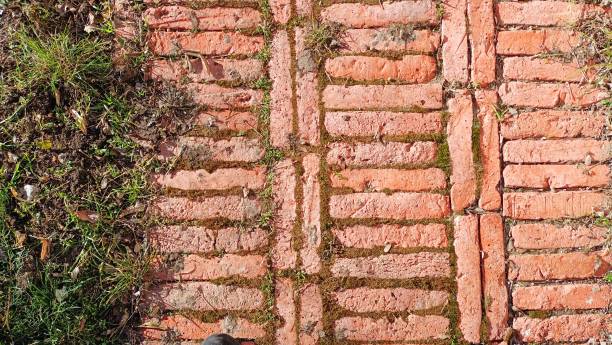 Old brick pavers laid in herringbone pattern. Background, pattern, color image, photography, horizontal.