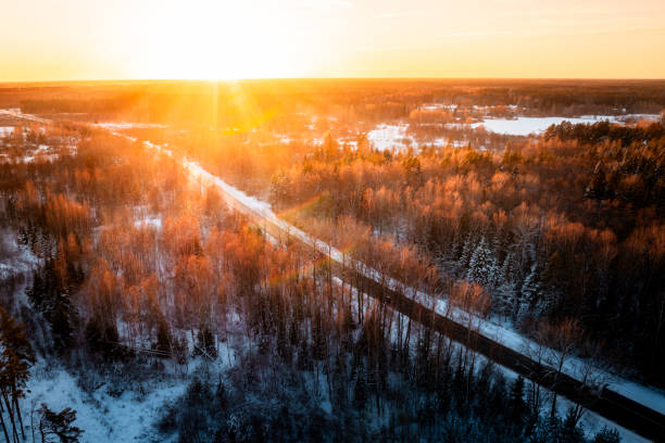 Winter Road Through Snow Dusted Forest at Sunrise or Sunset