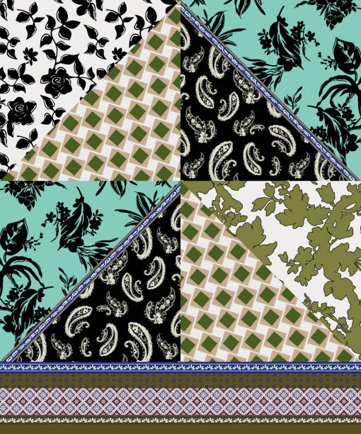 Various colorful fabric pieces, threads, lace, and buttons arranged for patchwork crafting and creative textile recycling on a wooden surface.
