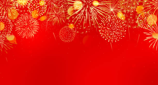 istock Chinese New Year background, gold fireworks border on red 2192541743