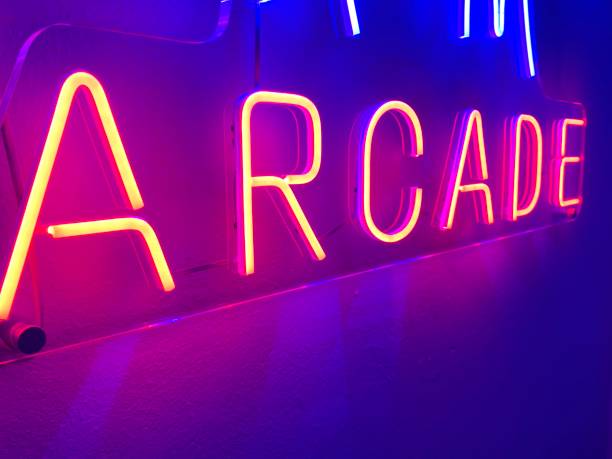 istock Red LED sign spelling ARCADE, picture taken at an angle 2192543629