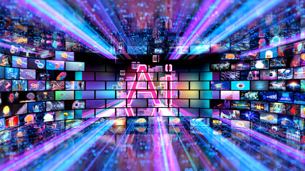 istock AI Artificial Intelligence concept. Media concept TV  -  video wall with small screens. . Digital multiple television screens. 2192544306