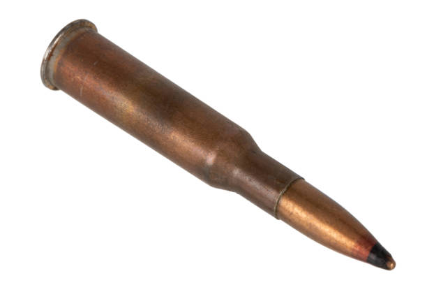 7.62x54R Mosin-Nagant high-explosive incendiary armor-piercing ammunition cartridge with black and red nose isolated on the white background