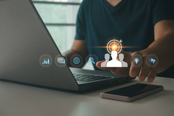 istock Digital marketing plan and strategies to target customer. Customer behavior analysis concept. Personalization marketing, customer-centric strategy. Businessman touching on screen for the buyer persona 2192548165