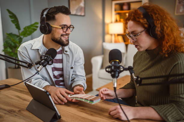 istock two presenters discus about color palette while record podcast 2192550244