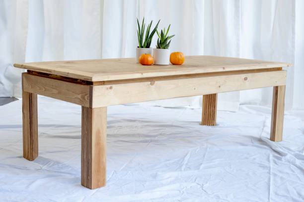 Handcrafted Pine Coffee Table with Oranges and Succulents on Minimal White Backdrop