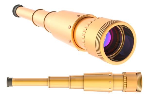 Pirate Monocular Telescope, Spotting Scope. Handheld Collapsible Brass Telescope, different views. 3D rendering isolated on white background