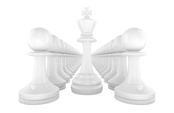 White Chess King and rows of pawns, winner and leader concept. 3D rendering isolated on white background