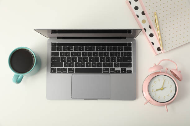 istock Concept of workspace with laptop, top view 2192570854