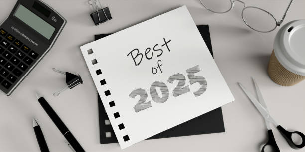 istock Best of 2025 grayscale notebook with coffee and scissors, 3D render 2192575344