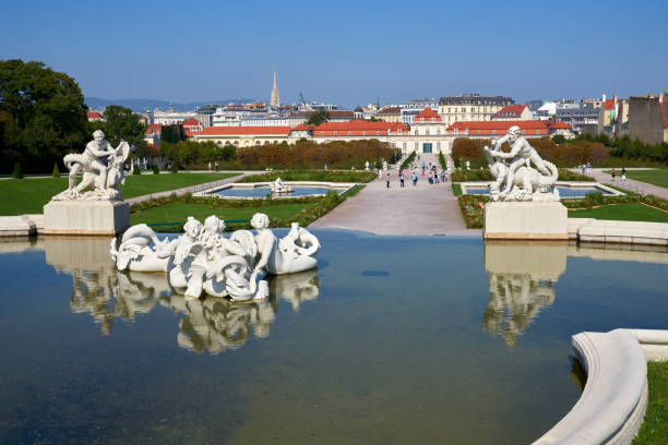 Vienna, Austria - April 25, 2024 : Belvedere Gardens with fountain between Upper and Lower Belvedere palace. Dome of monastery of Salesian nuns in a distance. Designer of Belvedere garden and fountain concept is Dominique Girard, French landscape architect, it was created circa 1700–1725