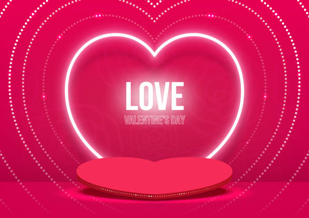 istock Stage podium heart shape decorated with heart neon lighting. Pedestal scene with for product platform, advertising on pink background. Valentine's day background. Minimal style. Vector illustration. 2192576395