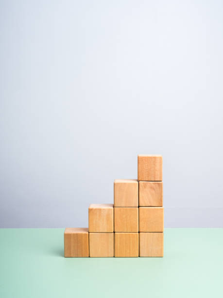 istock Wooden cube blocks arranged as bar graph chart steps on green table and white background, vertical style. Business growth process steps eco style, success staircase, economic improvement concepts. 2192587996
