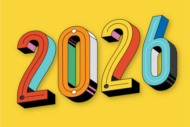 2026 gruß-design-vorlage mit buntem 3d-text - neujahrsgruß 2026 stock-grafiken, -clipart, -cartoons und -symbole