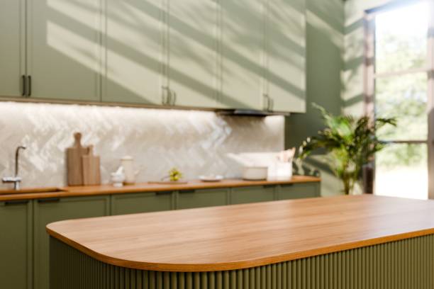 istock Modern Green Kitchen with Wooden Countertop. 3d render. 2192608718