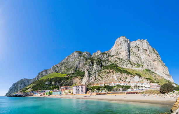 Catalan Bay and beach in Gibraltar, at the foot of the Rock of Gibraltar, at the southern tip of the Iberian Peninsula (8 shots stitched)