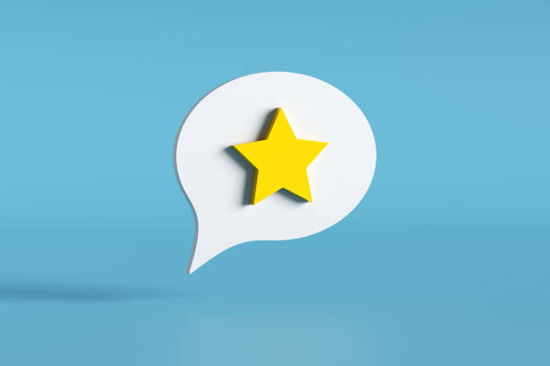 istock Speech bubble showing positive review with five star rating on blue background 2192611343