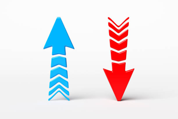 Growth, decline, increase, decrease concepts. Two arrows, one blue pointing up and one red pointing down, symbolize opposite trends or choices on a minimalist white background. 3D render