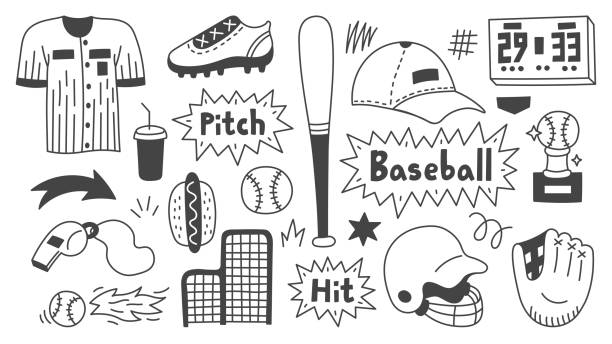 ilustrații de stoc cu set de elemente de design baseball doodle - echipament de baseball