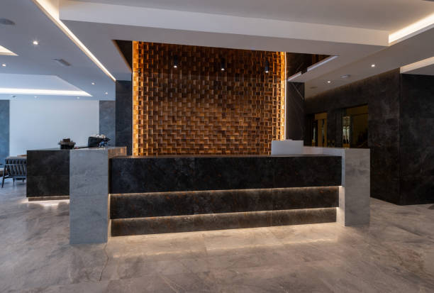 Interior of a luxury hotel lobby with marble floor,reception counter