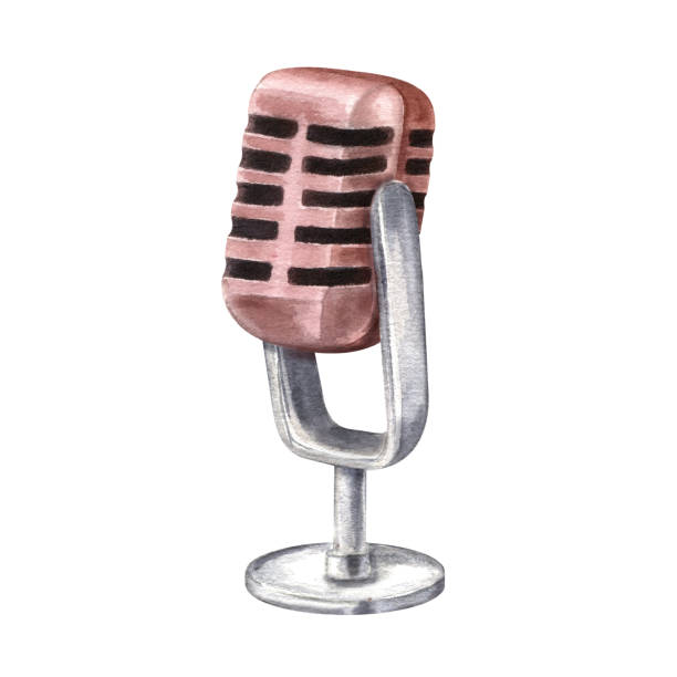 Retro brown music microphone on metal stand watercolor illustration. Audio equipment for radio broadcasting, concerts, sound recordings. Side view. Musical concept for poster, festival flyer design