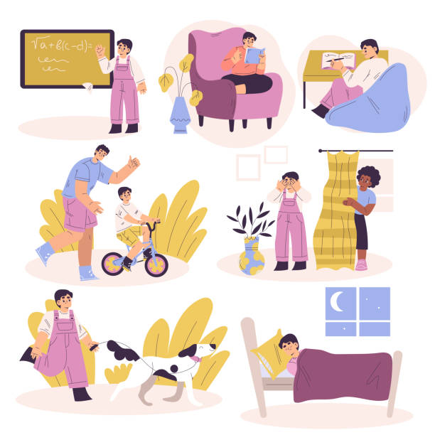 Boy Character Have Schedule and Daily Routine Activity Vector Set Boy Character Have Schedule and Daily Routine Activity Vector Set. Funny Kid Engaged in Everyday Life book dedication stock illustrations