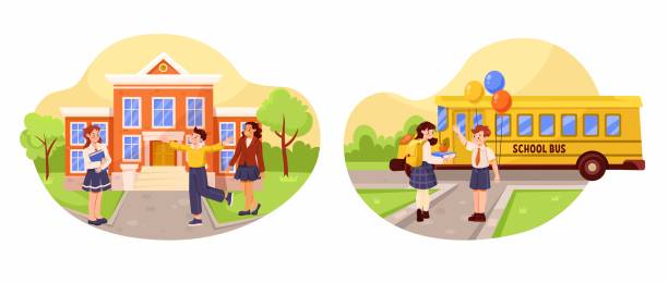 ÐобилÑное ÑÑÑÑойÑÑво Smiling School Boy and Girl Character at First September Vector Set. Happy Kids Engaged in Study and Education book dedication stock illustrations
