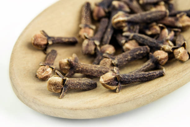 istock Cloves and wooden spoon on white  background 2192620189