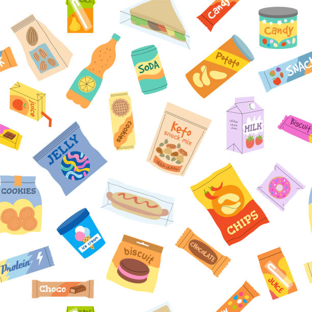 illustrations, cliparts, dessins animés et icônes de modèle de collation. colis de malbouffe, craquelins, barres de chocolat, glaces, boissons fraîches. fond sans couture vectoriel - en cas