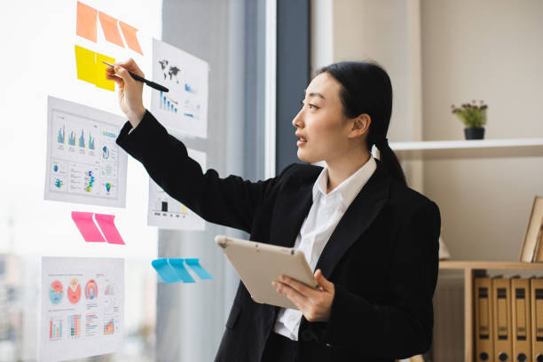 istock Asian businesswoman presenting analysis with graphics and tablet 2192621664