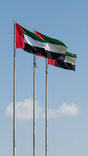 istock United Arab Emirates UAE flags against blue sky with copy space. 2192623659